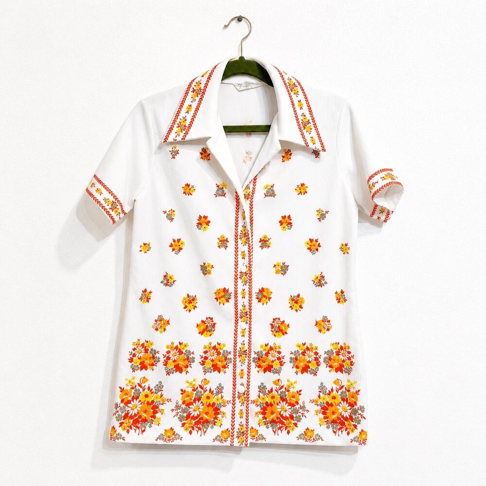 Vintage 70s JCPenney Fashions White Orange Floral Tunic Top Sz M